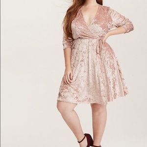 Flirty Crushed Velvet Pink Faux Wrap Dress